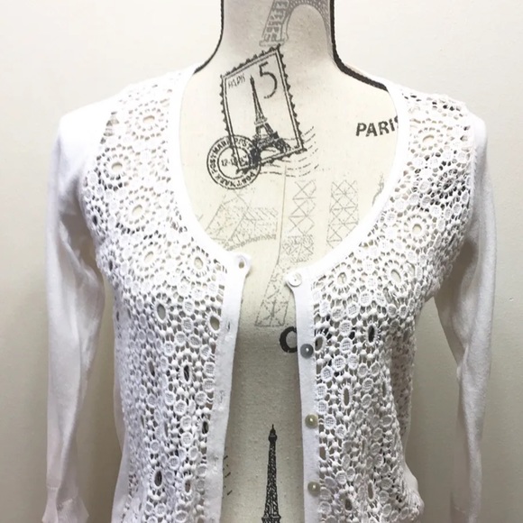 Zara Knit Button Down Lace Cardigan White Small - Picture 1 of 12